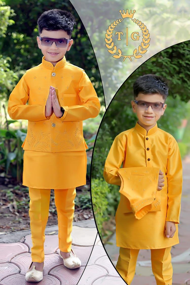 Party Wear Kids Kurta-Koti-Pyjama Set