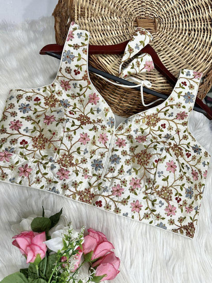 Beautiful Designer Multi Codding Work On Malai Silk Blouse