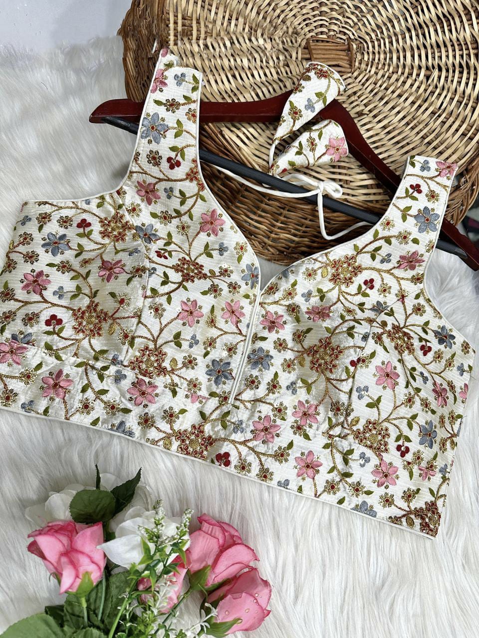 Beautiful Designer Multi Codding Work On Malai Silk Blouse