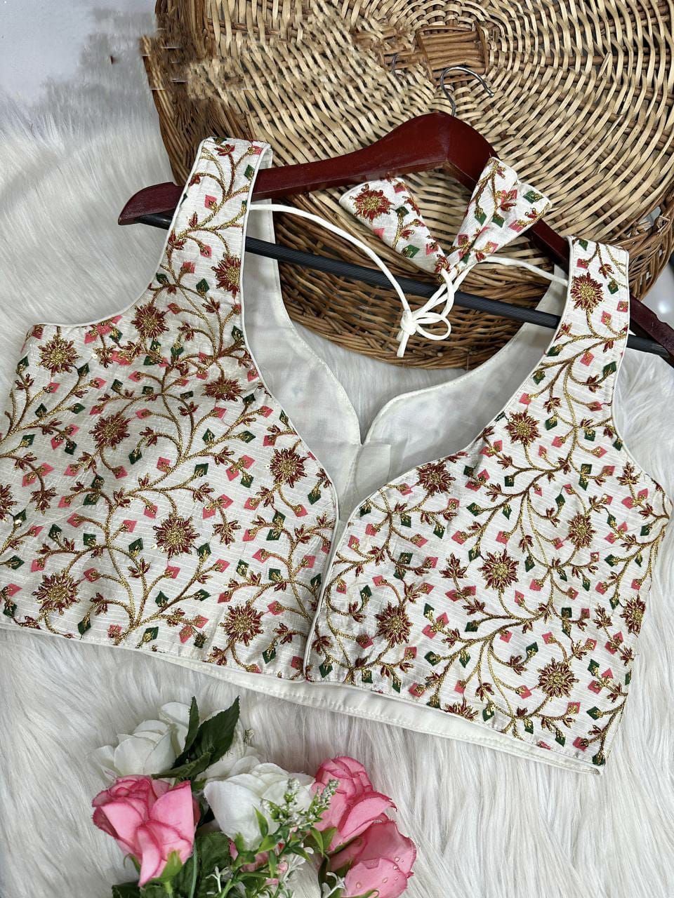 Beautiful Designer Multi Codding Work On Malai Silk Blouse