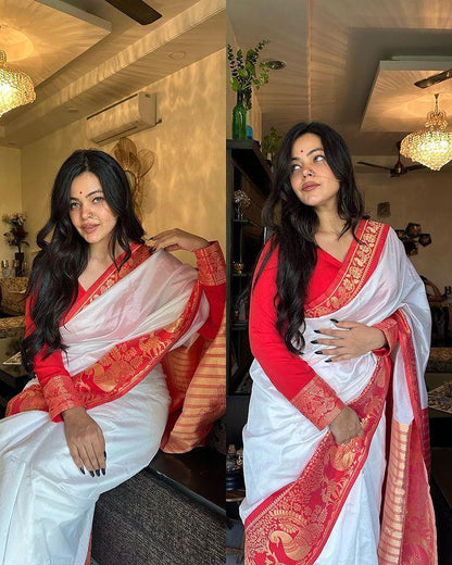Beautiful Traditional Puja Special  Soft Lichi Silk White Saree