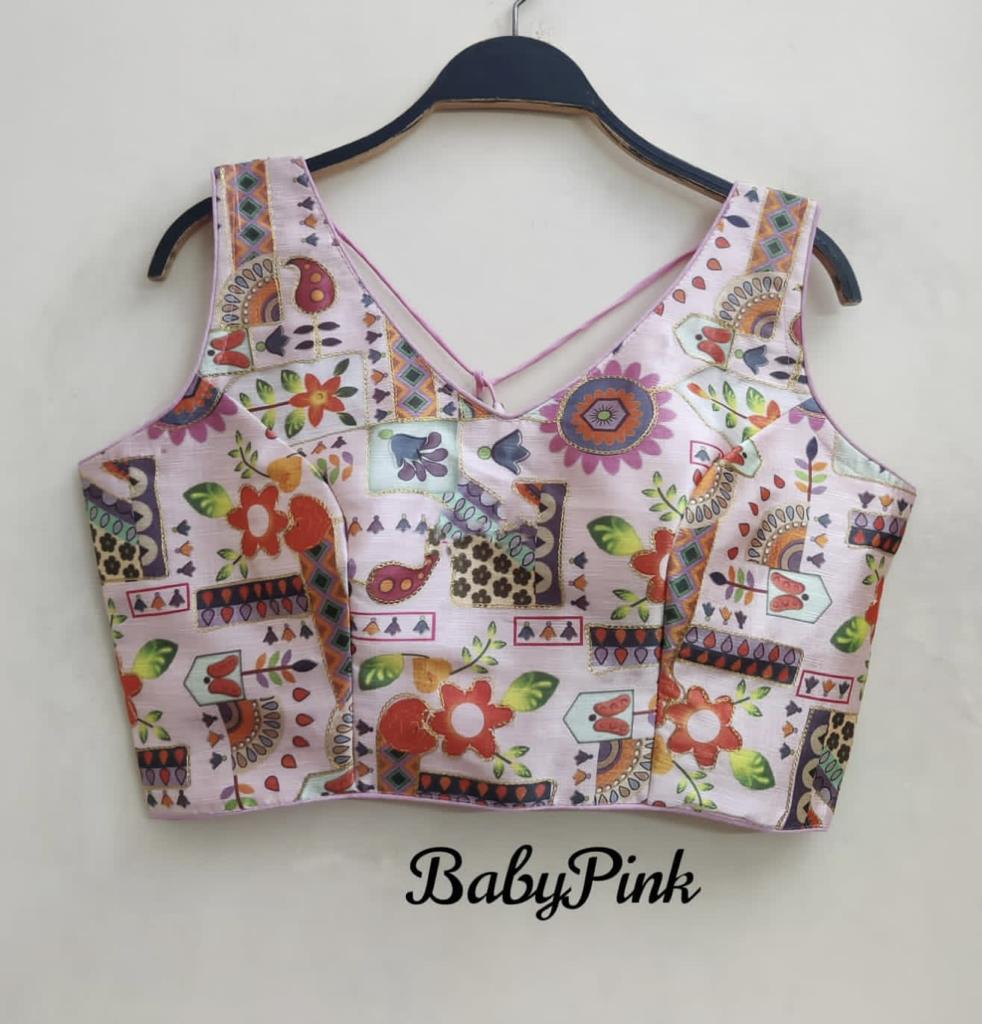 Party Wear Designer Digital Print Raw Silk With Codding Work Blouse