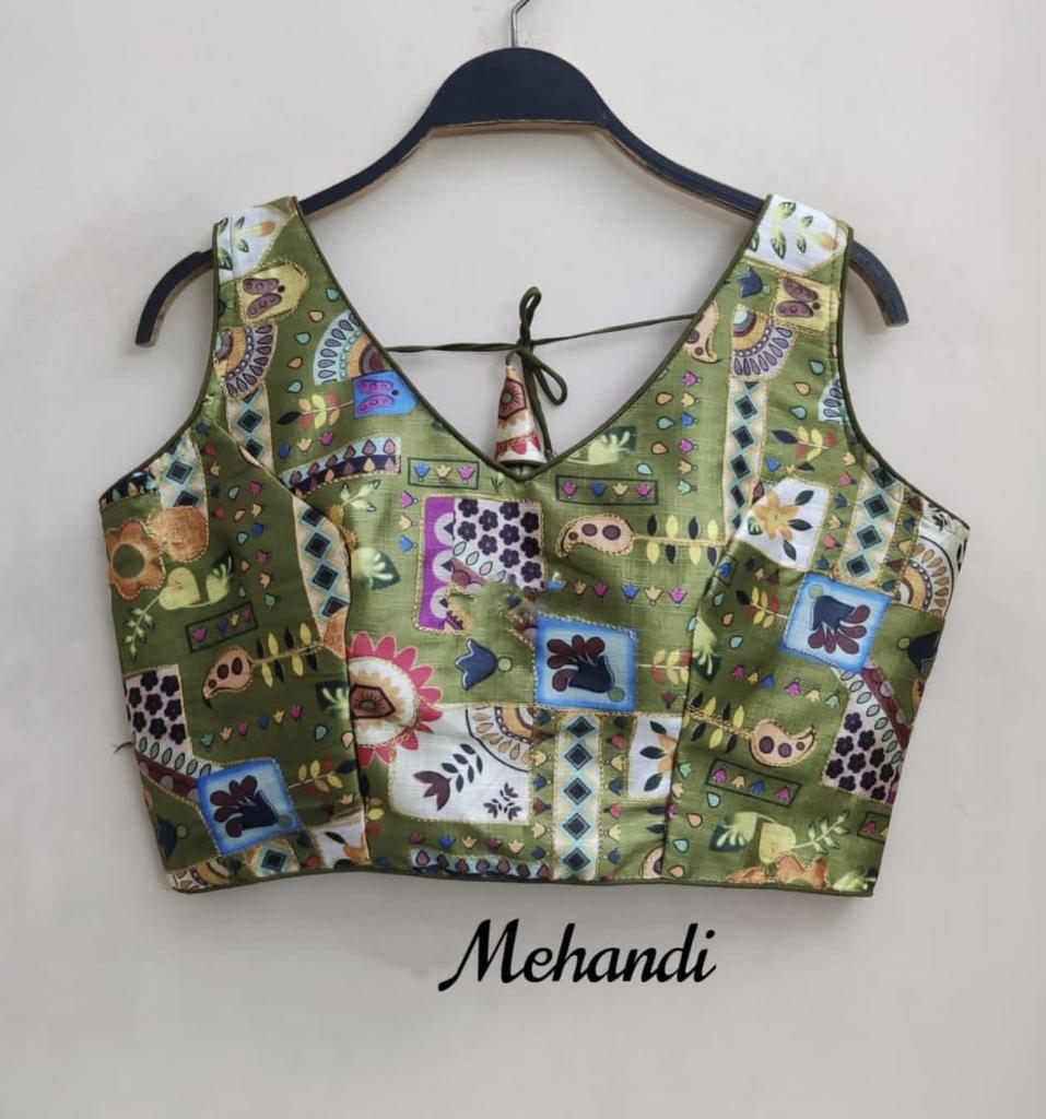 Party Wear Designer Digital Print Raw Silk With Codding Work Blouse