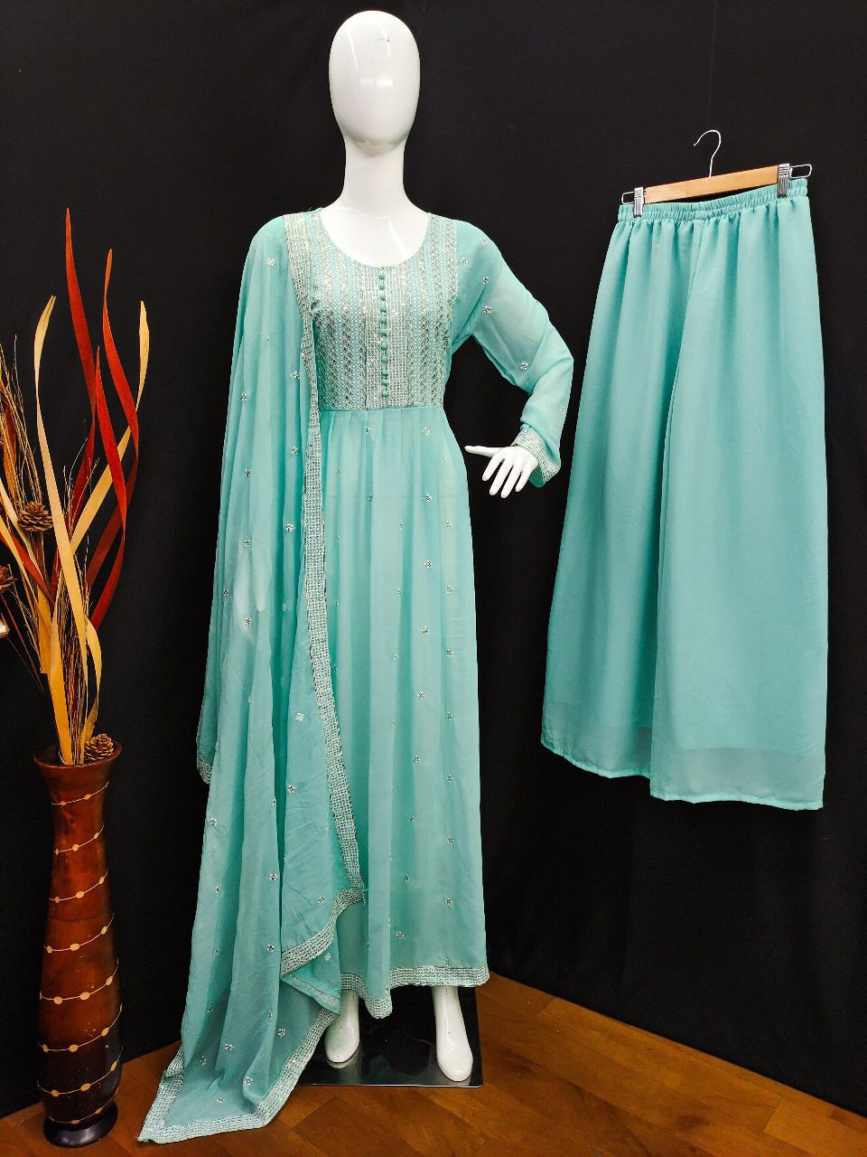 New Party Wear Readymade Heavy Georgette With Sequence Embroidery Work Sahara Suit Collection