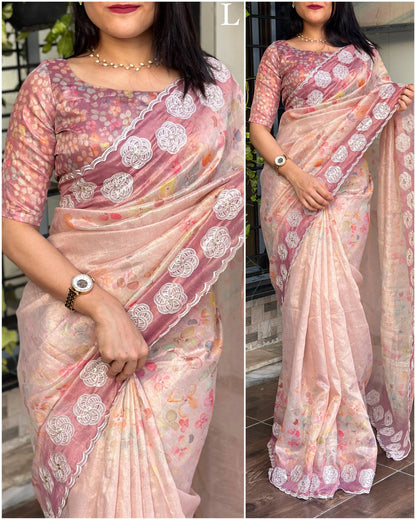 Beautiful Designer Tiara Soft Orgenza Printed &amp; Work Saree
