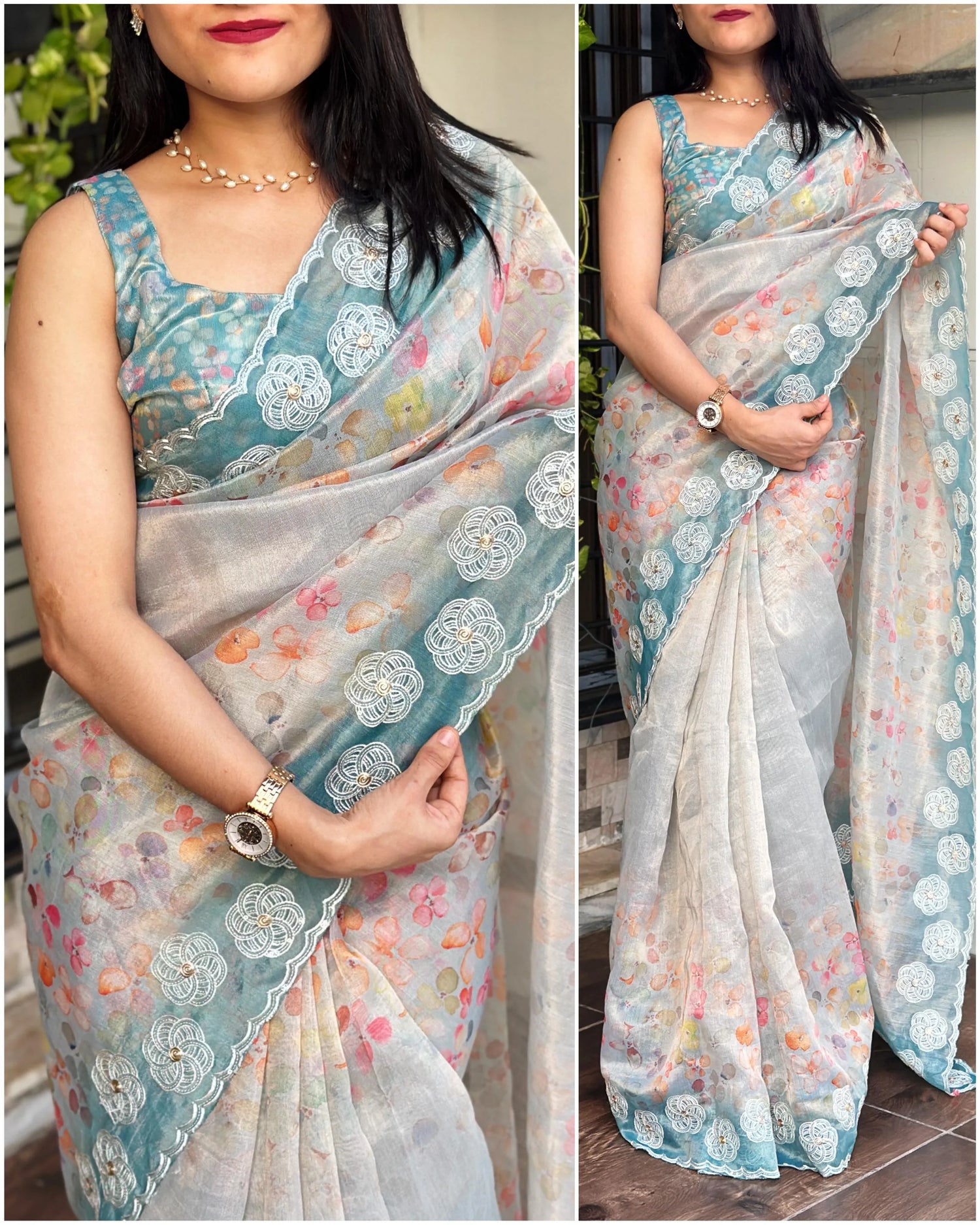 Beautiful Designer Tiara Soft Orgenza Printed &amp; Work Saree