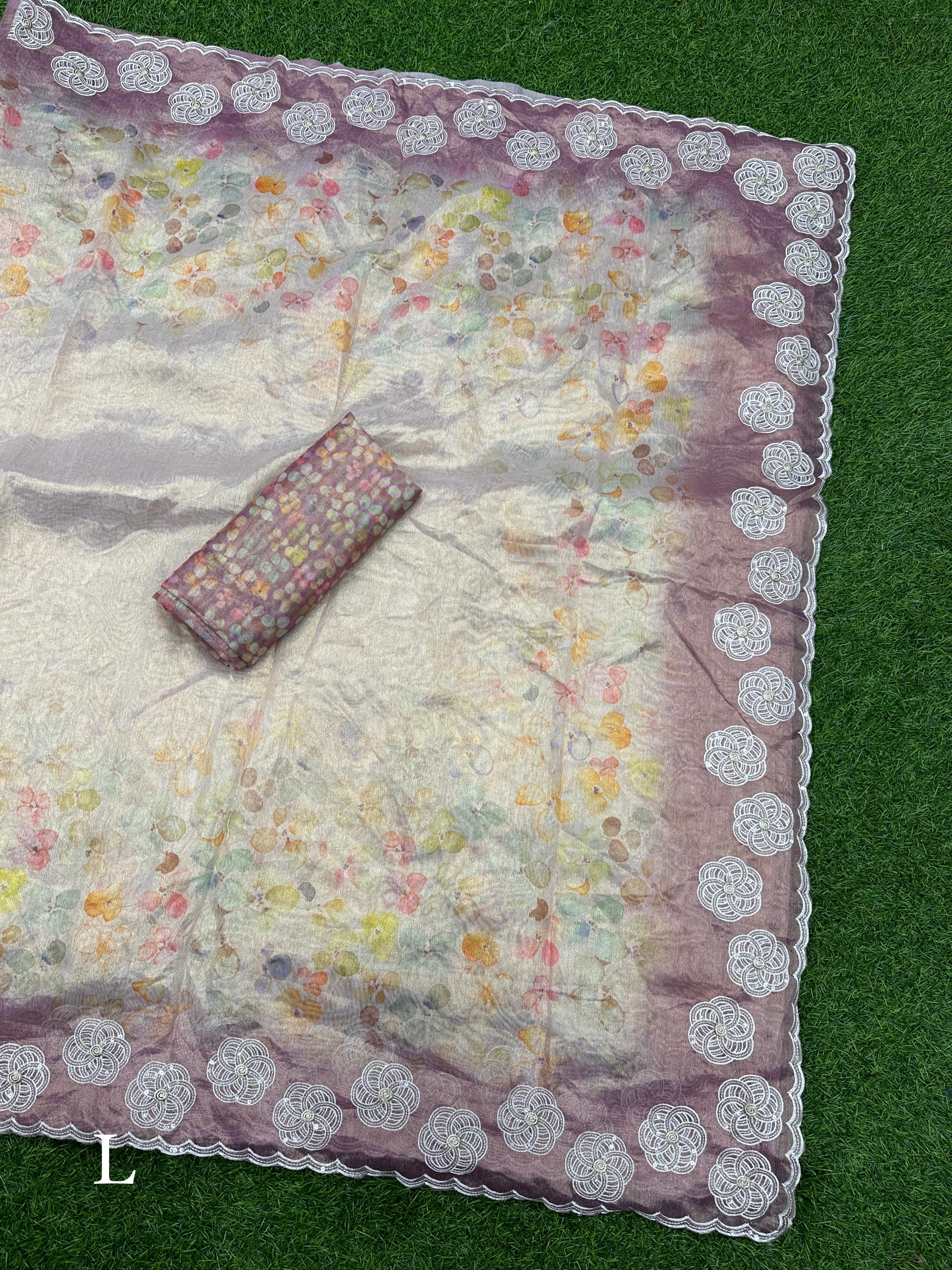 Beautiful Designer Tiara Soft Orgenza Printed &amp; Work Saree