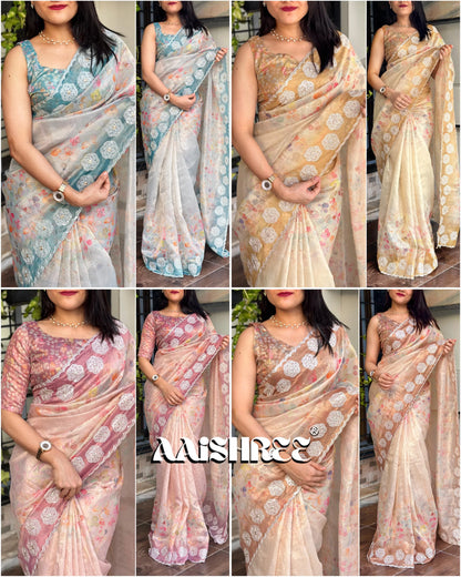 Beautiful Designer Tiara Soft Orgenza Printed &amp; Work Saree