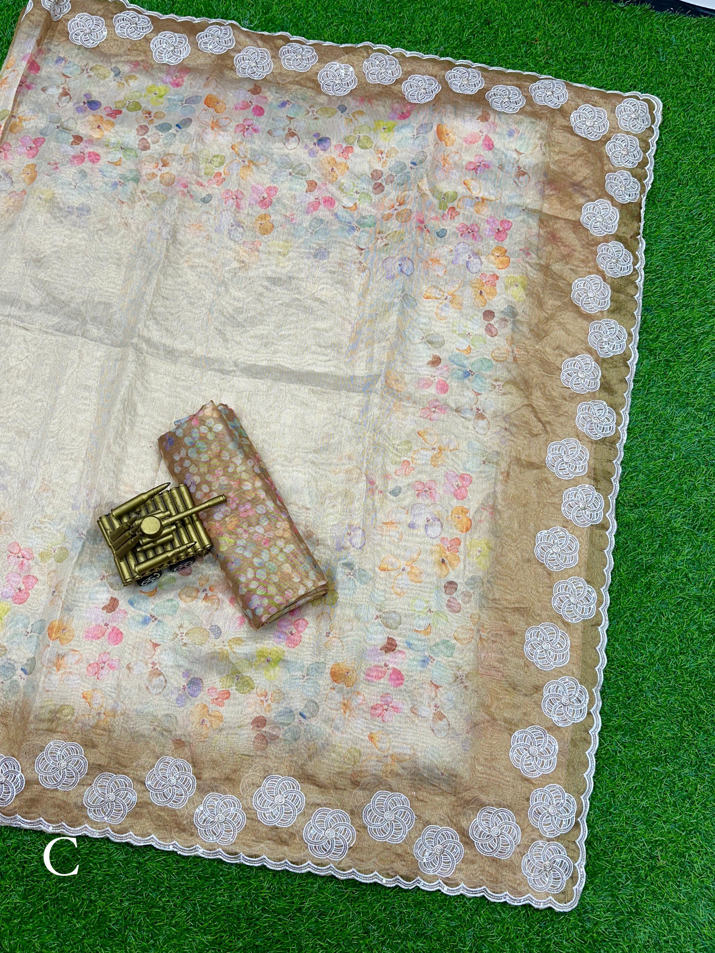 Beautiful Designer Tiara Soft Orgenza Printed &amp; Work Saree