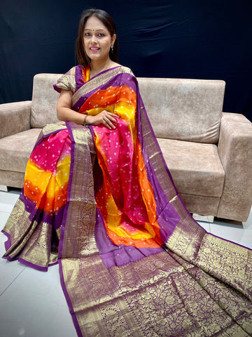 Beautiful Designer Kanjivaram Cotton Silk Bandhani Saree Sugandha