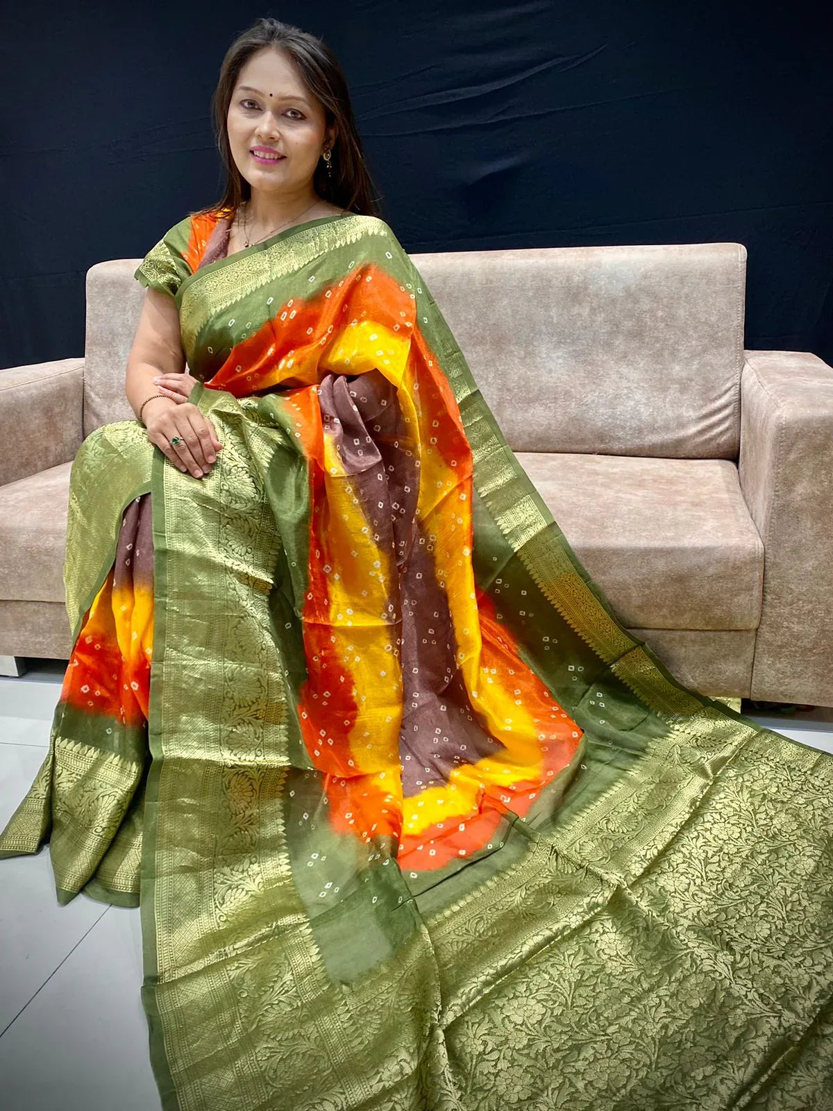Beautiful Designer Kanjivaram Cotton Silk Bandhani Saree Sugandha