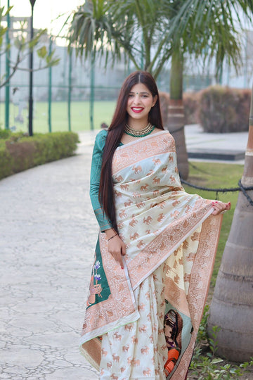 Beautiful Designer White Puja Special Paithani Saree