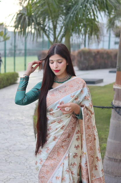 Beautiful Designer White Puja Special Paithani Saree