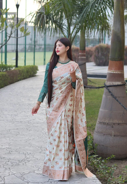 Beautiful Designer White Puja Special Paithani Saree