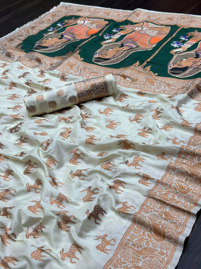 Beautiful Designer White Puja Special Paithani Saree