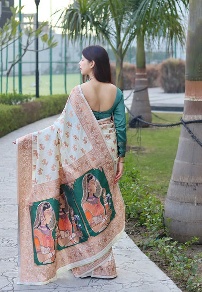 Beautiful Designer White Puja Special Paithani Saree