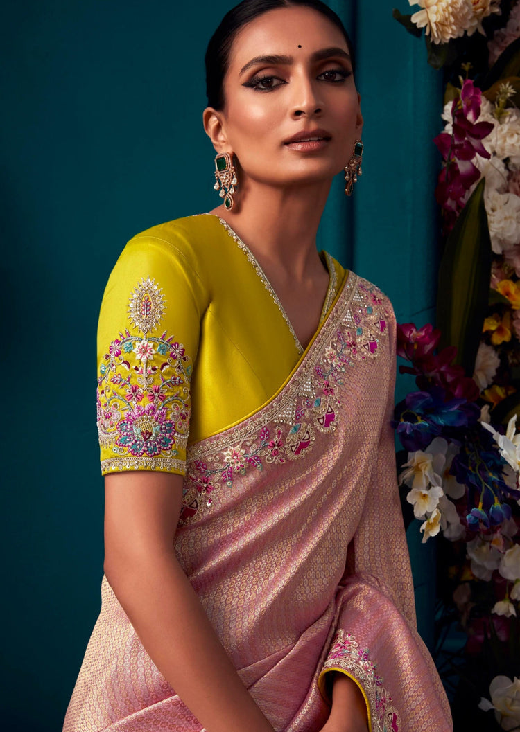 Beautiful Designer Pink Banarasi Kanjivaram Wedding Saree