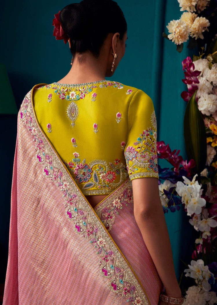 Beautiful Designer Pink Banarasi Kanjivaram Wedding Saree