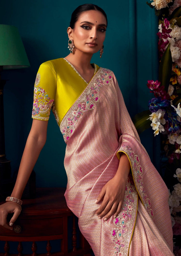 Beautiful Designer Pink Banarasi Kanjivaram Wedding Saree