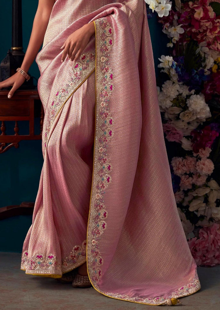 Beautiful Designer Pink Banarasi Kanjivaram Wedding Saree