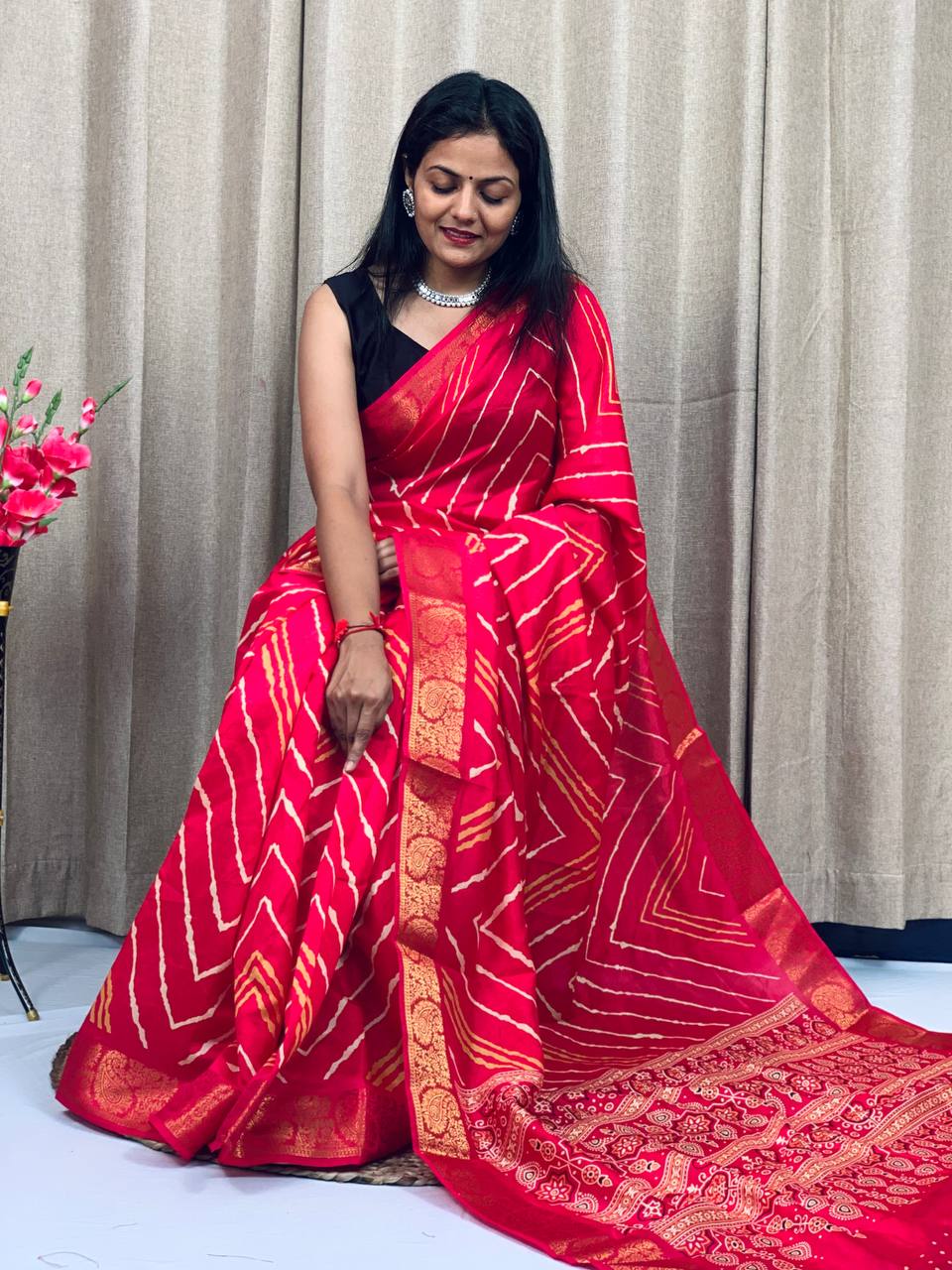 Party Wear Soft Tusshar Silk Slub Lehariya Saree