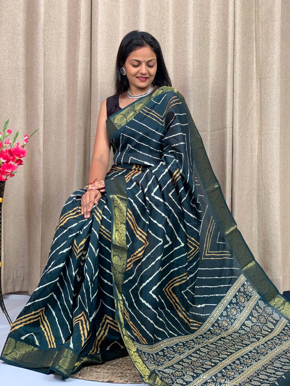 Party Wear Soft Tusshar Silk Slub Lehariya Saree