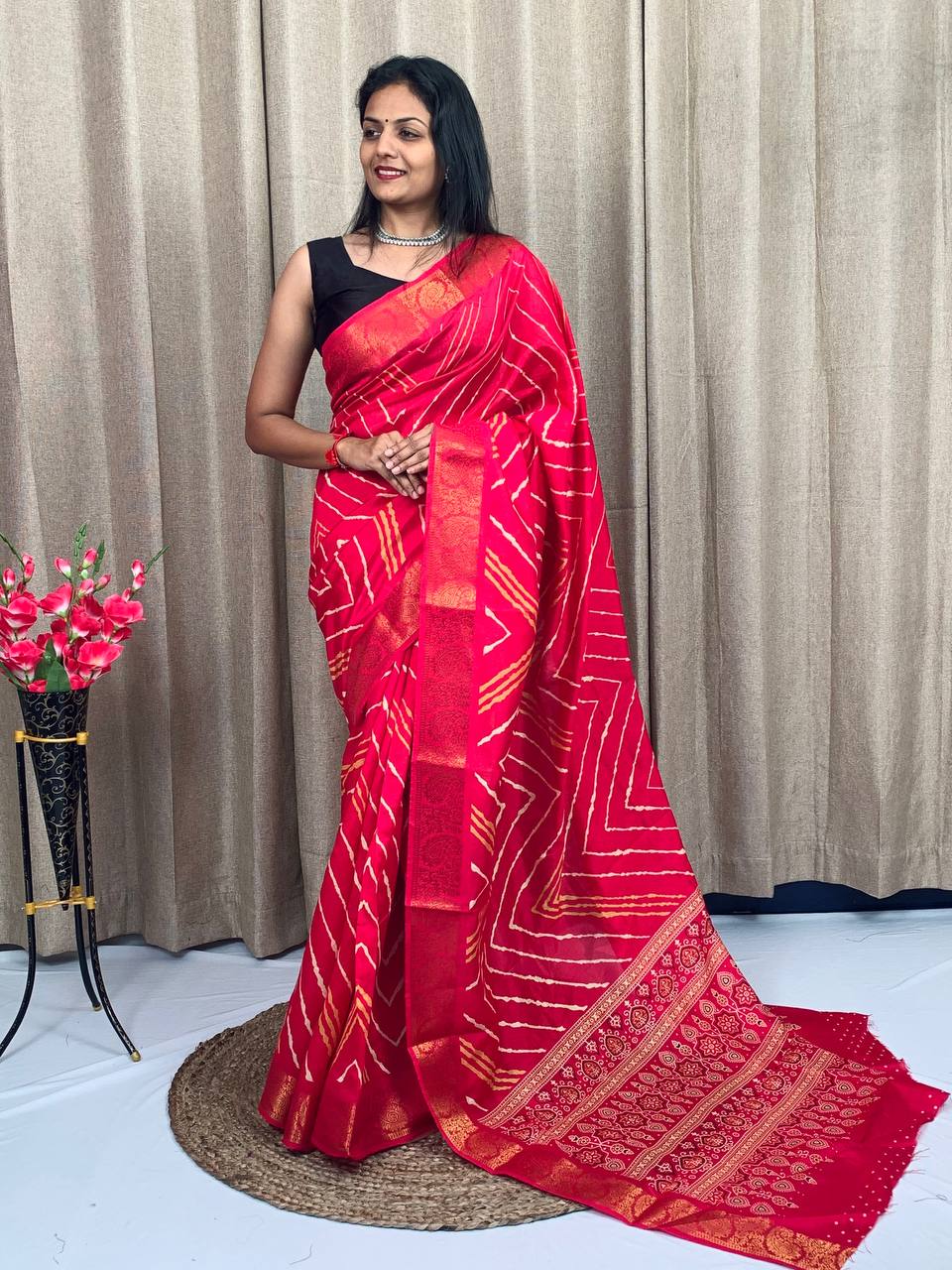 Party Wear Soft Tusshar Silk Slub Lehariya Saree