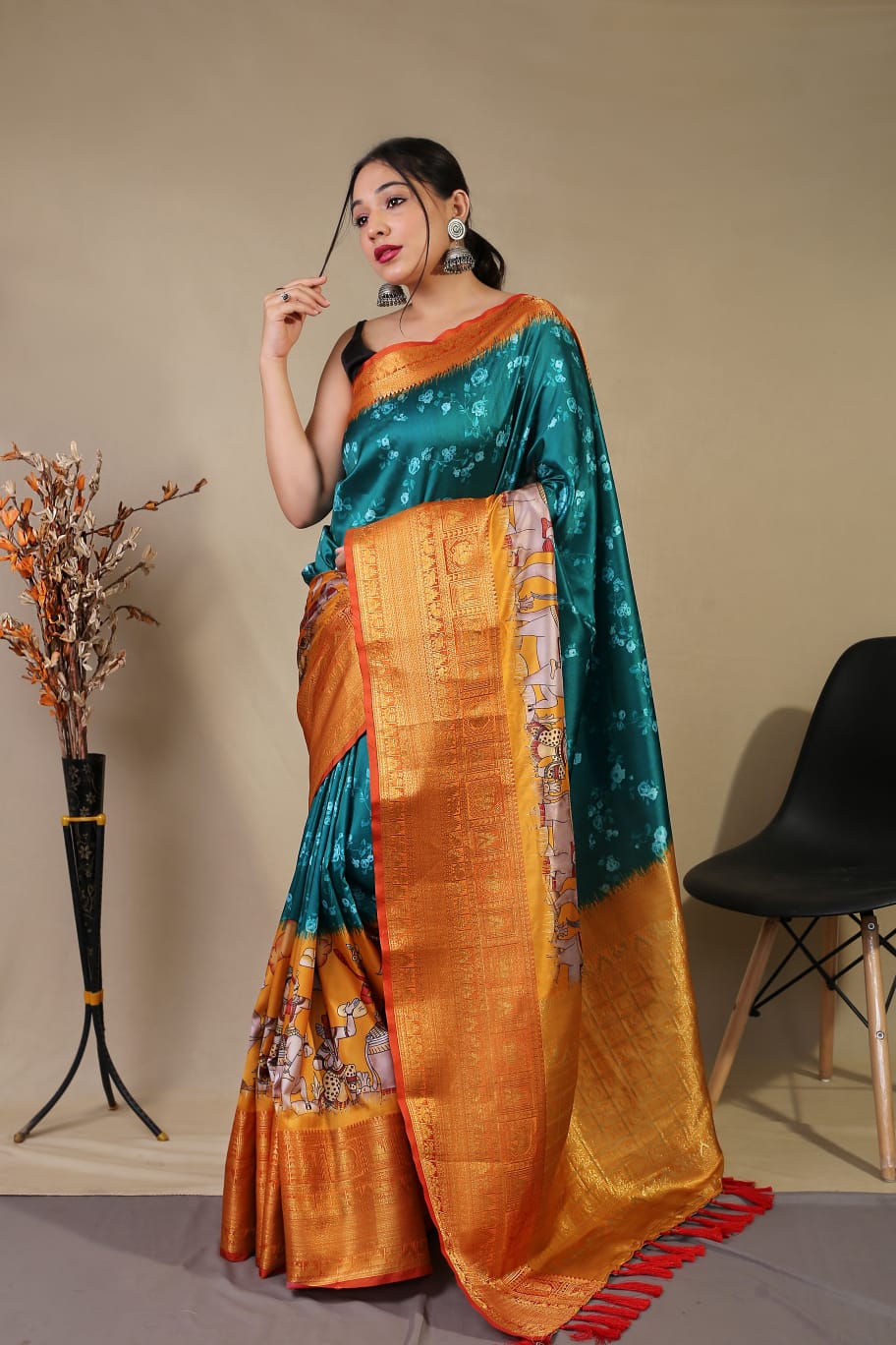 Beautiful Pure kanchipuram Dharmavaram Kalamkari Digital Printed Saree