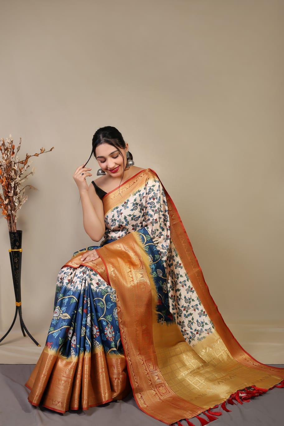 Beautiful Pure kanchipuram Dharmavaram Kalamkari Digital Printed Saree