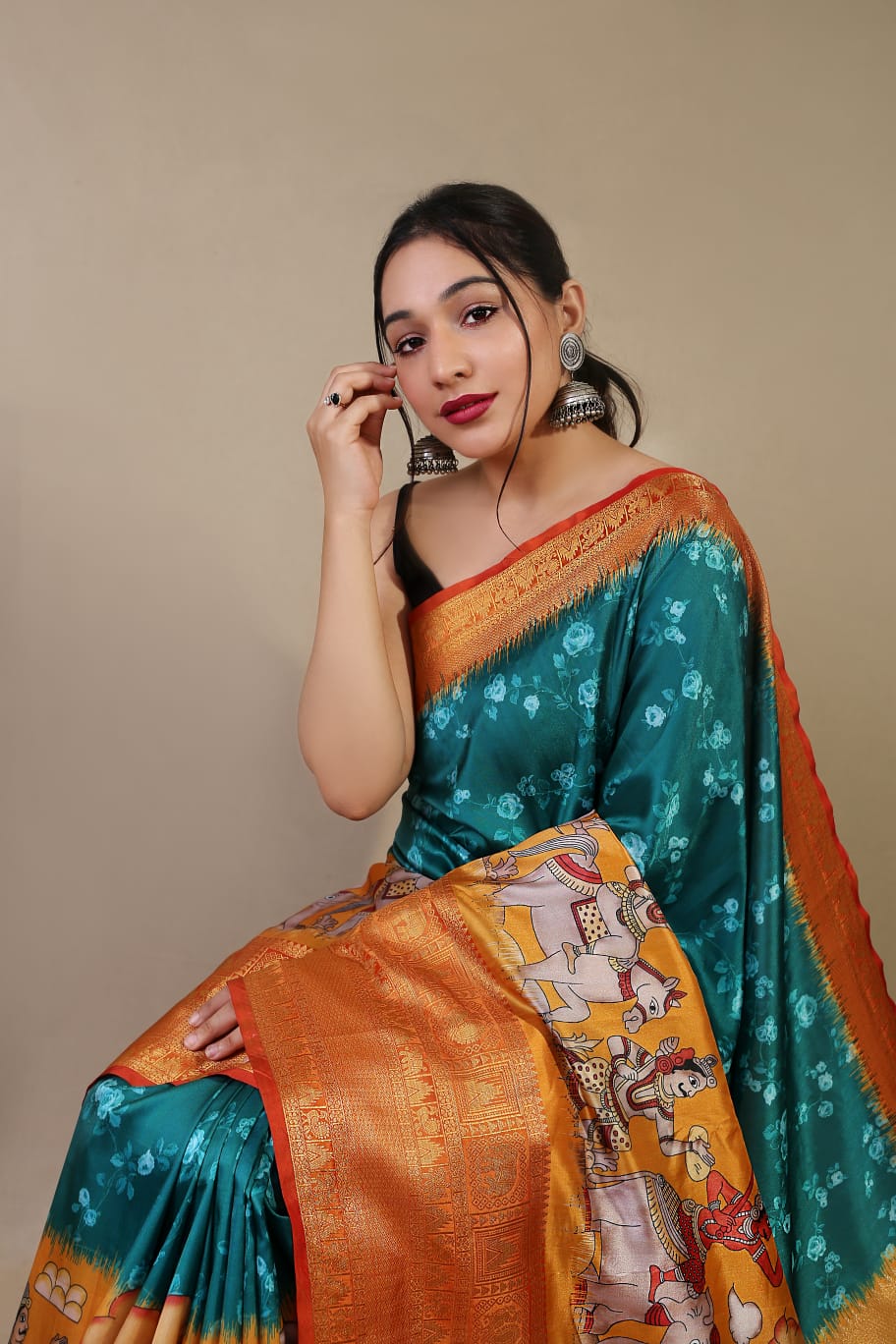 Beautiful Pure kanchipuram Dharmavaram Kalamkari Digital Printed Saree