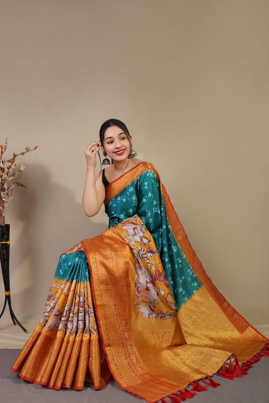 Beautiful Pure kanchipuram Dharmavaram Kalamkari Digital Printed Saree