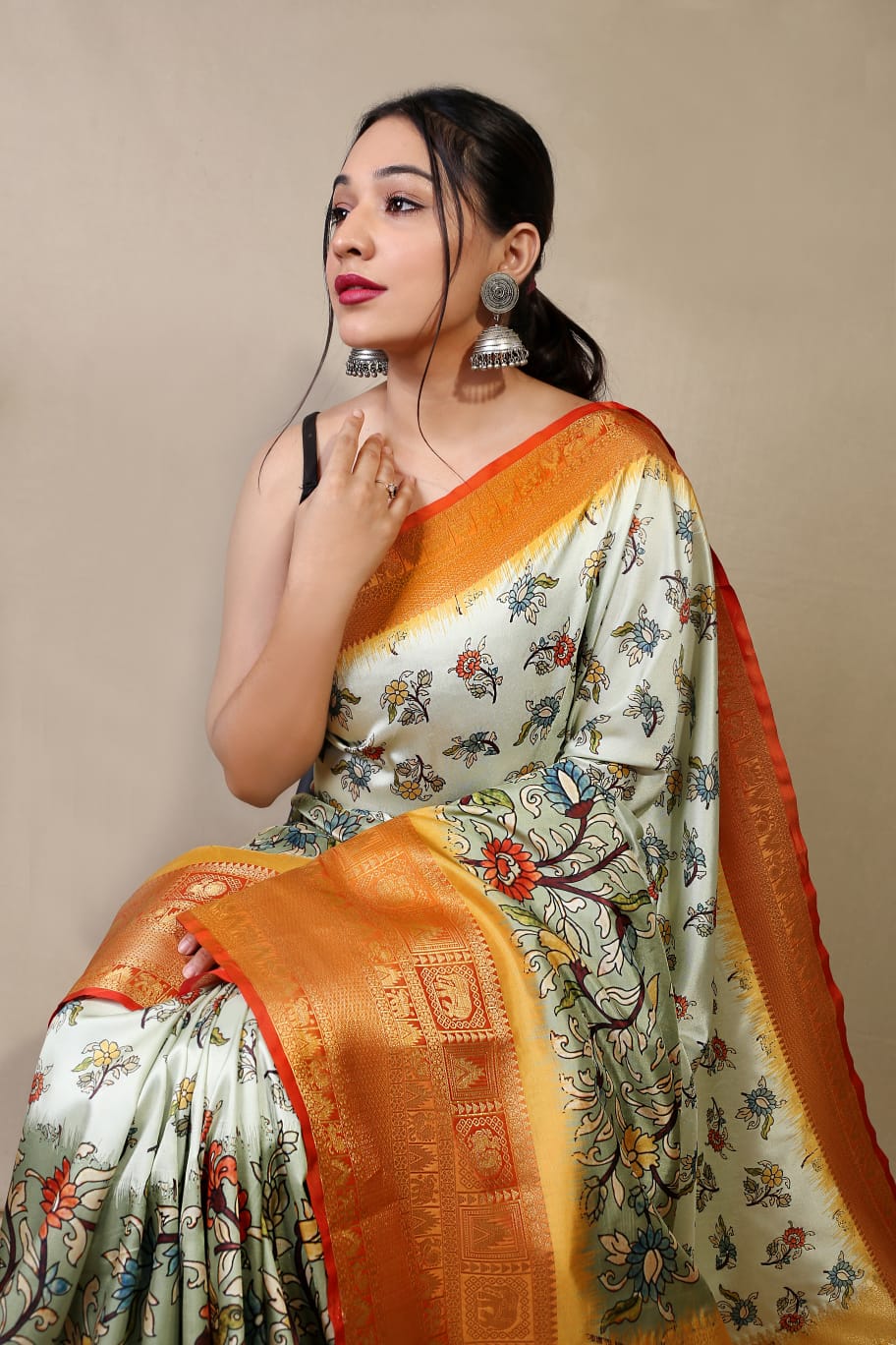 Beautiful Pure kanchipuram Dharmavaram Kalamkari Digital Printed Saree