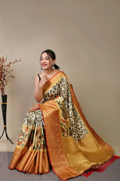 Beautiful Pure kanchipuram Dharmavaram Kalamkari Digital Printed Saree
