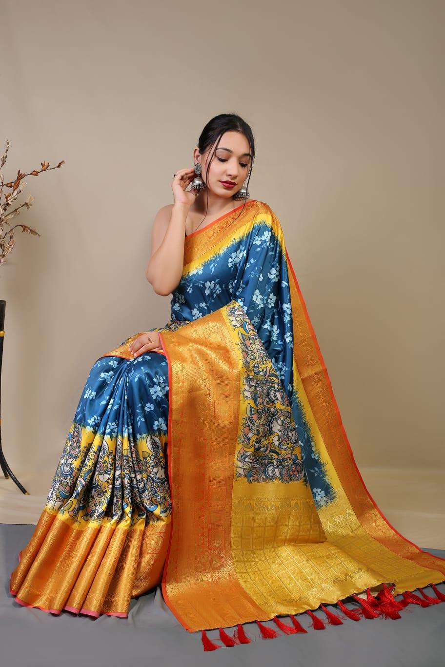 Beautiful Pure kanchipuram Dharmavaram Kalamkari Digital Printed Saree