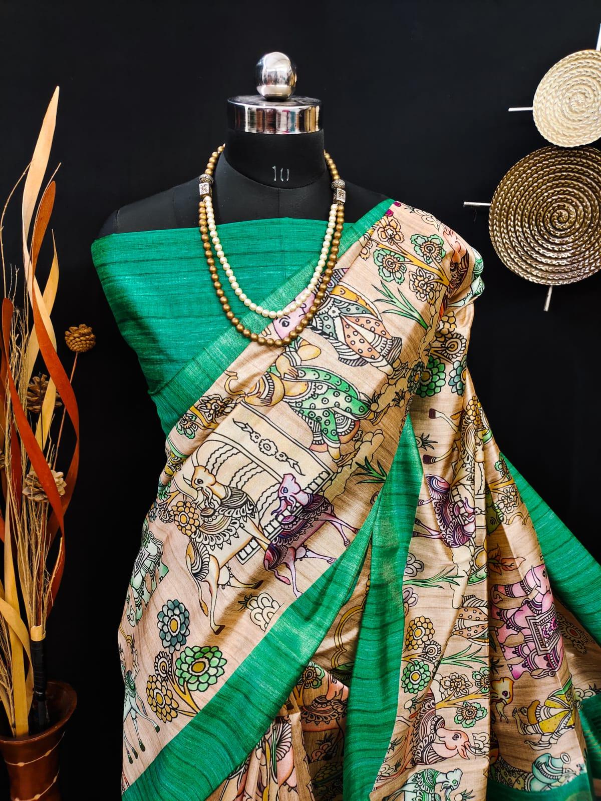 Party Wear Kalamkari Soft Tussar Silk Saree