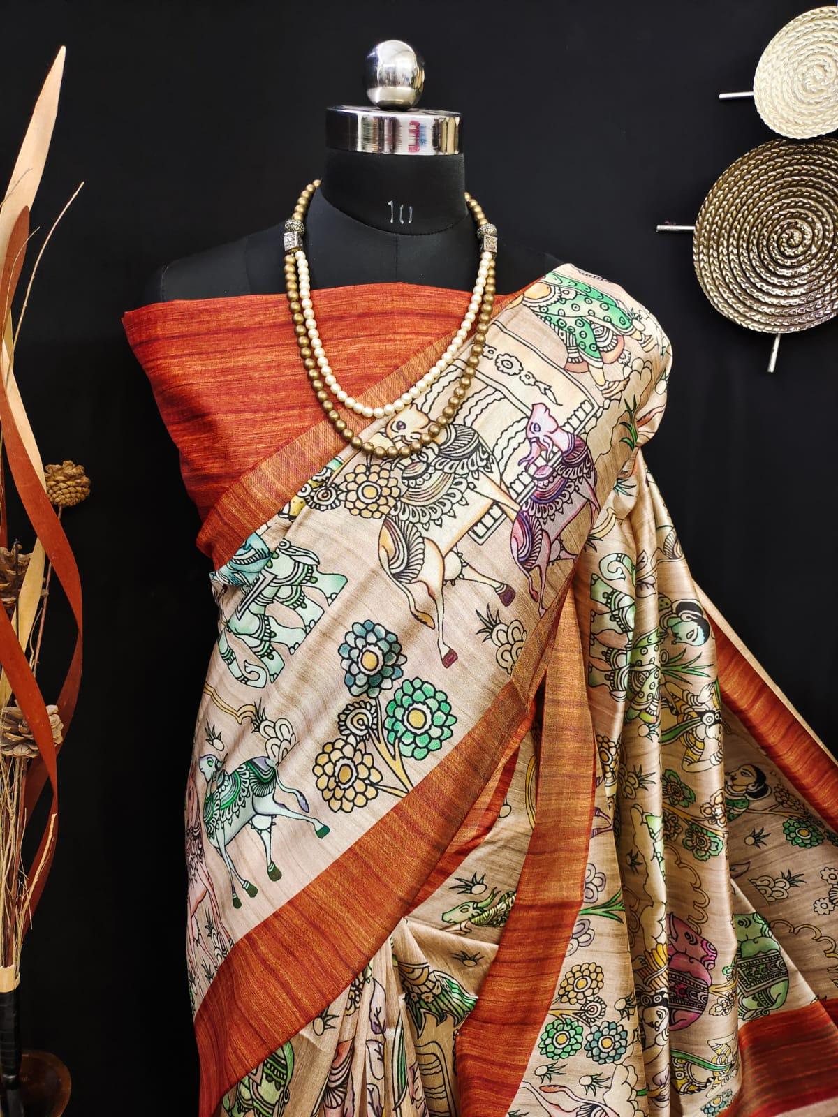 Party Wear Kalamkari Soft Tussar Silk Saree