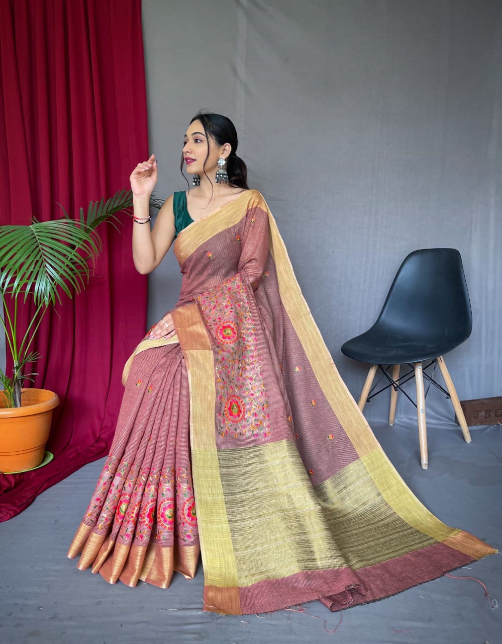 Party Wear Designer Pure Linen Sarees
