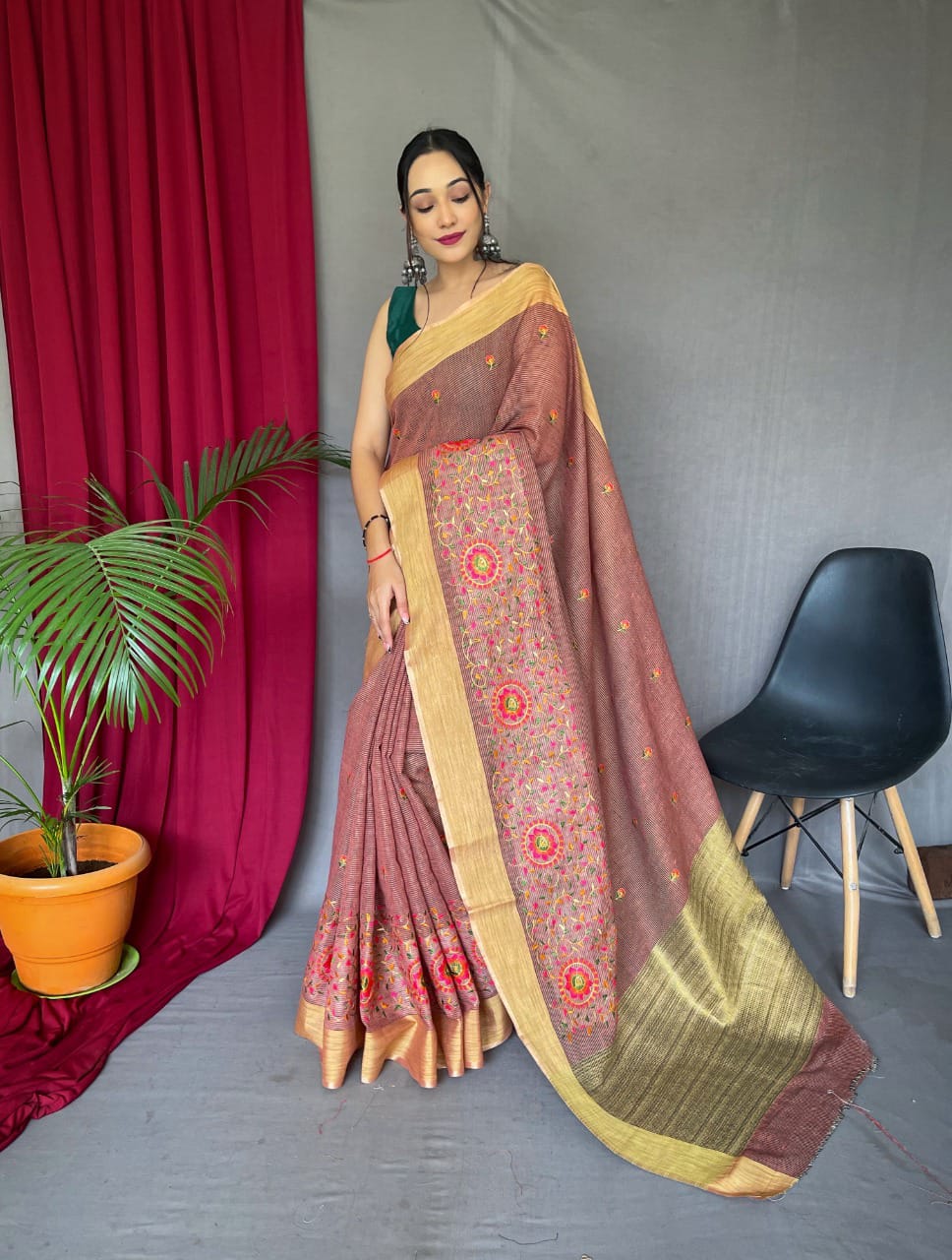 Party Wear Designer Pure Linen Sarees