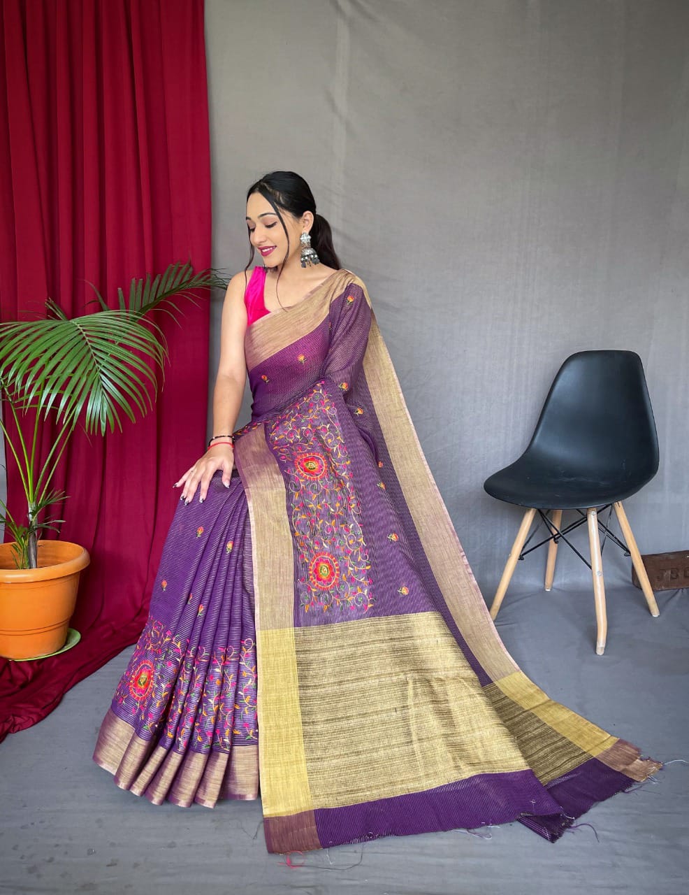Party Wear Designer Pure Linen Sarees