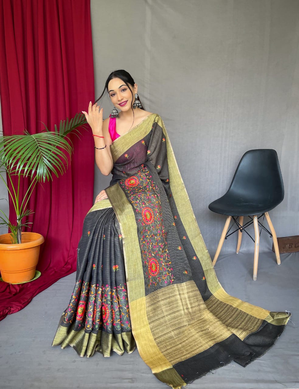 Party Wear Designer Pure Linen Sarees