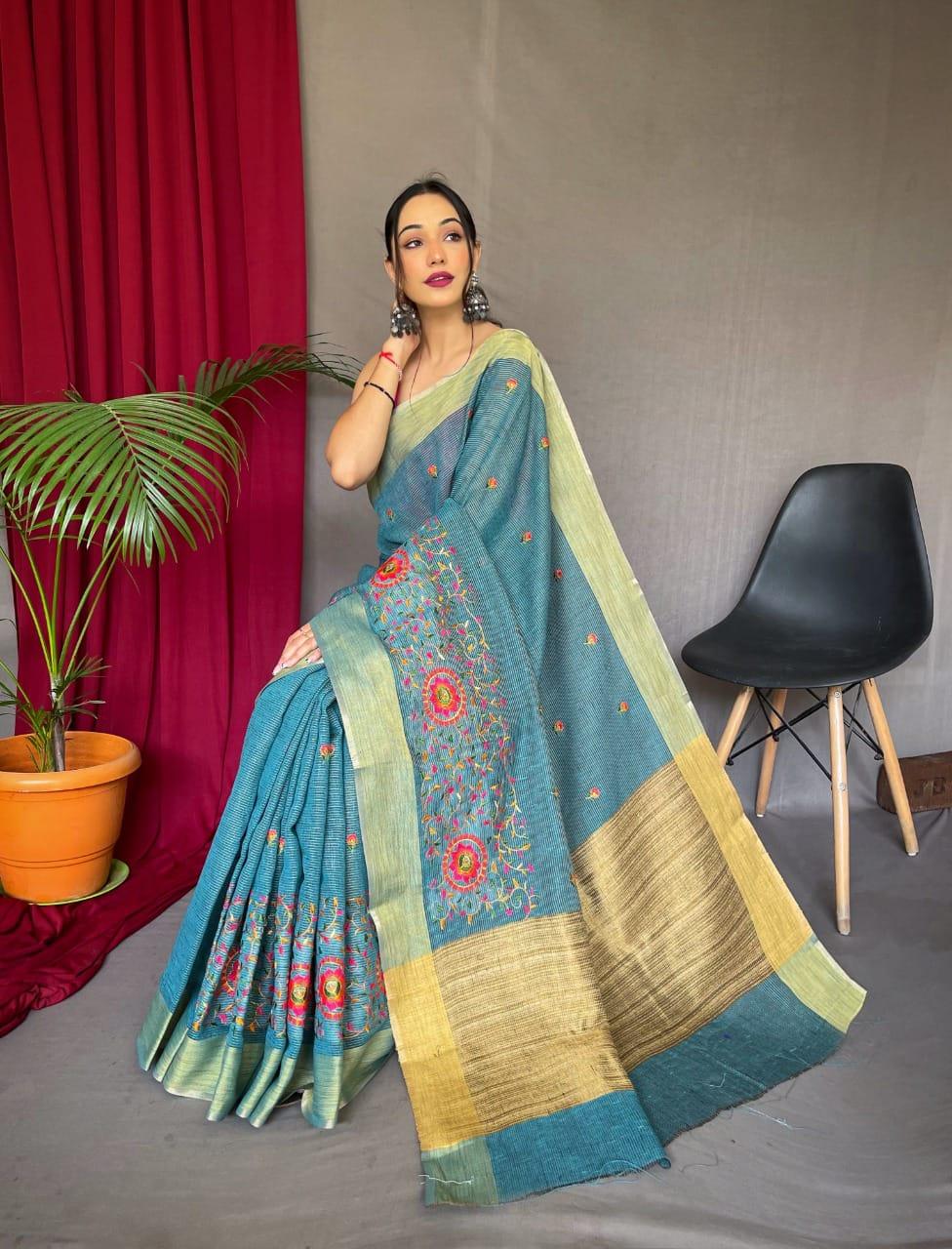 Party Wear Designer Pure Linen Sarees