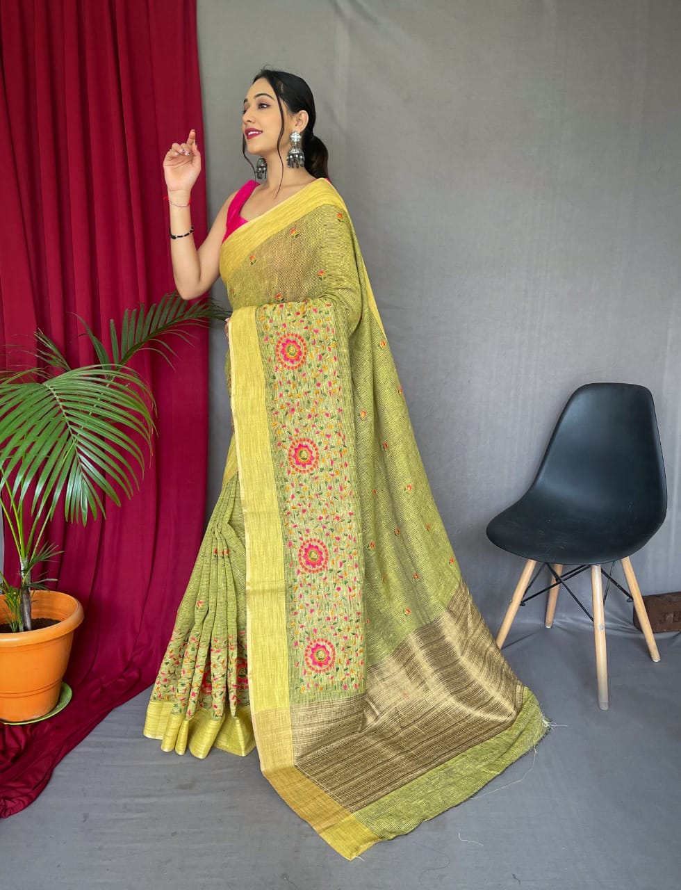 Party Wear Designer Pure Linen Sarees