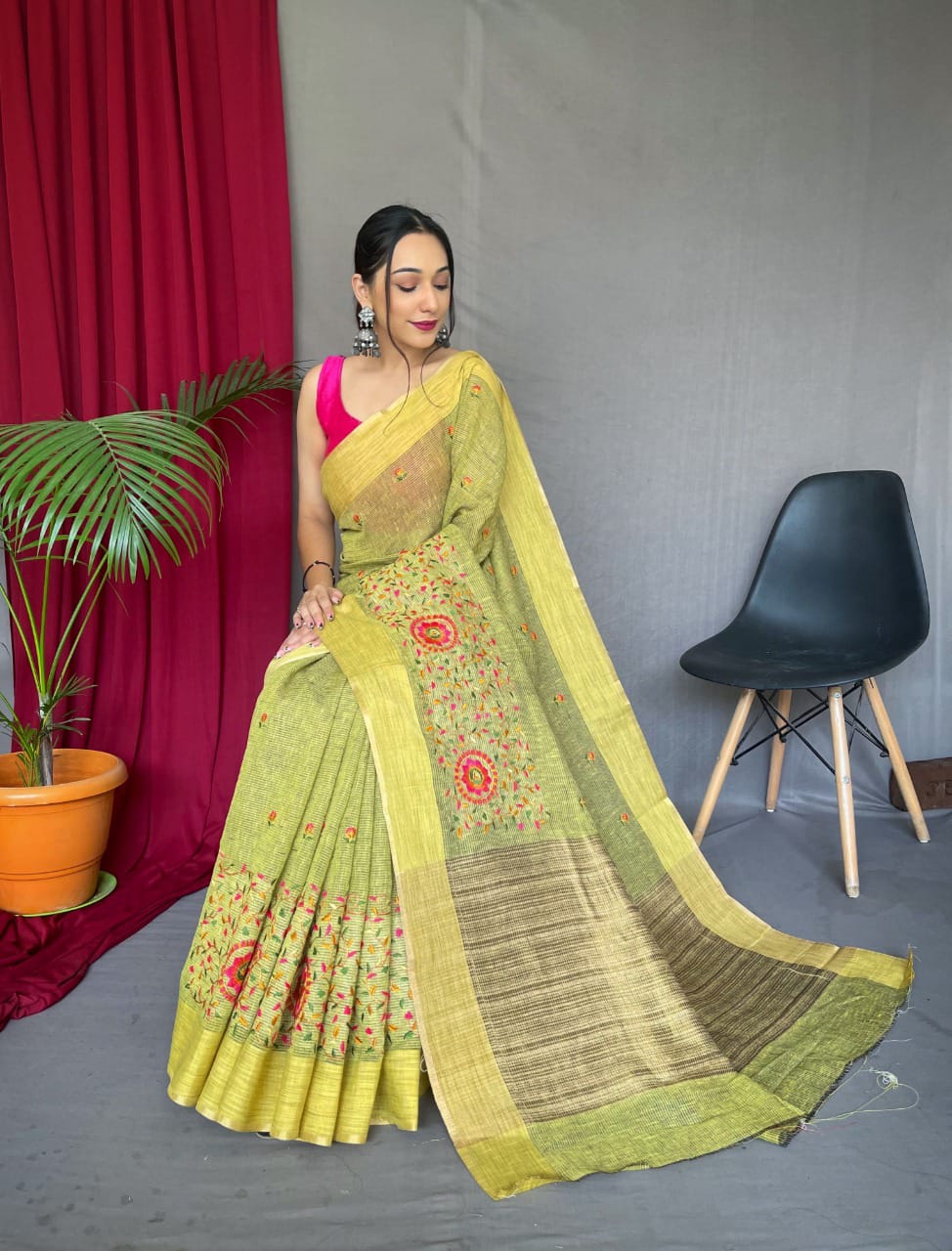 Party Wear Designer Pure Linen Sarees