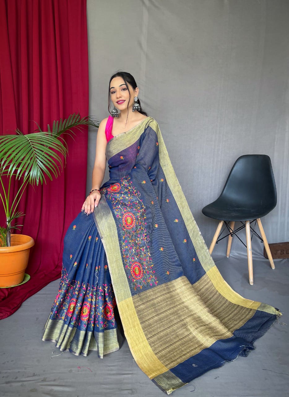 Party Wear Designer Pure Linen Sarees