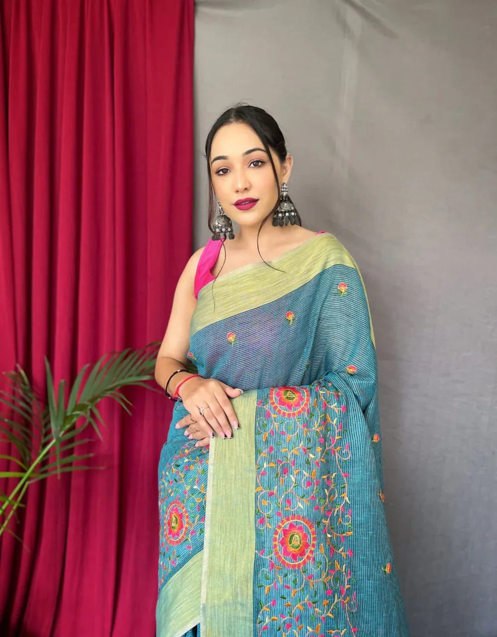 Party Wear Designer Pure Linen Sarees