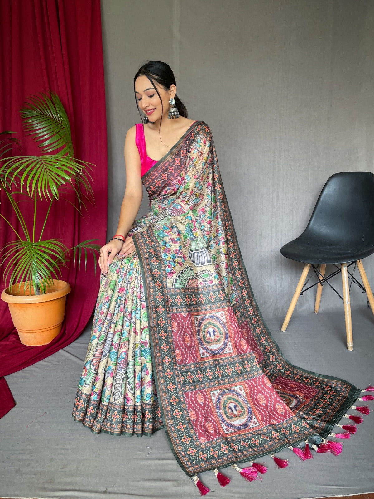 Pure Malai Cotton Bandhani Kalamkari Saree