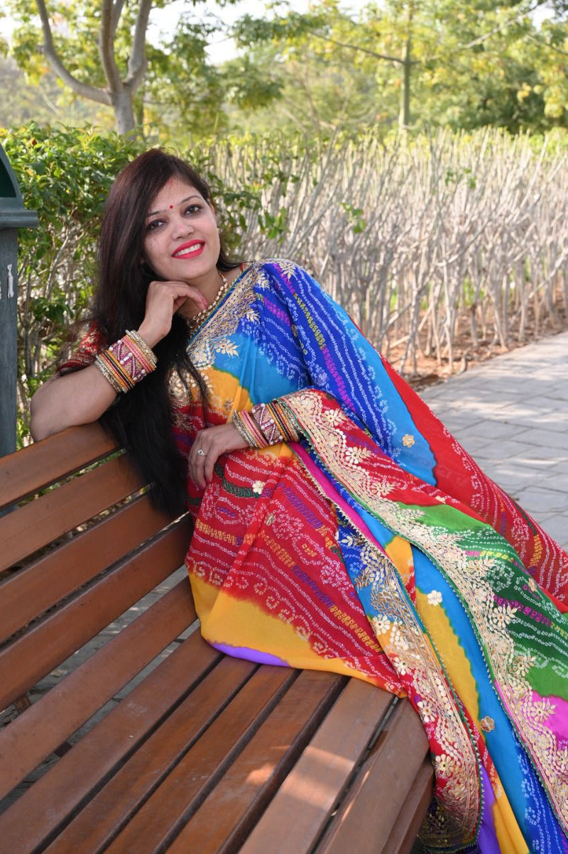 Beautiful Rajasthani Traditional Panchrangi Georgette Saree
