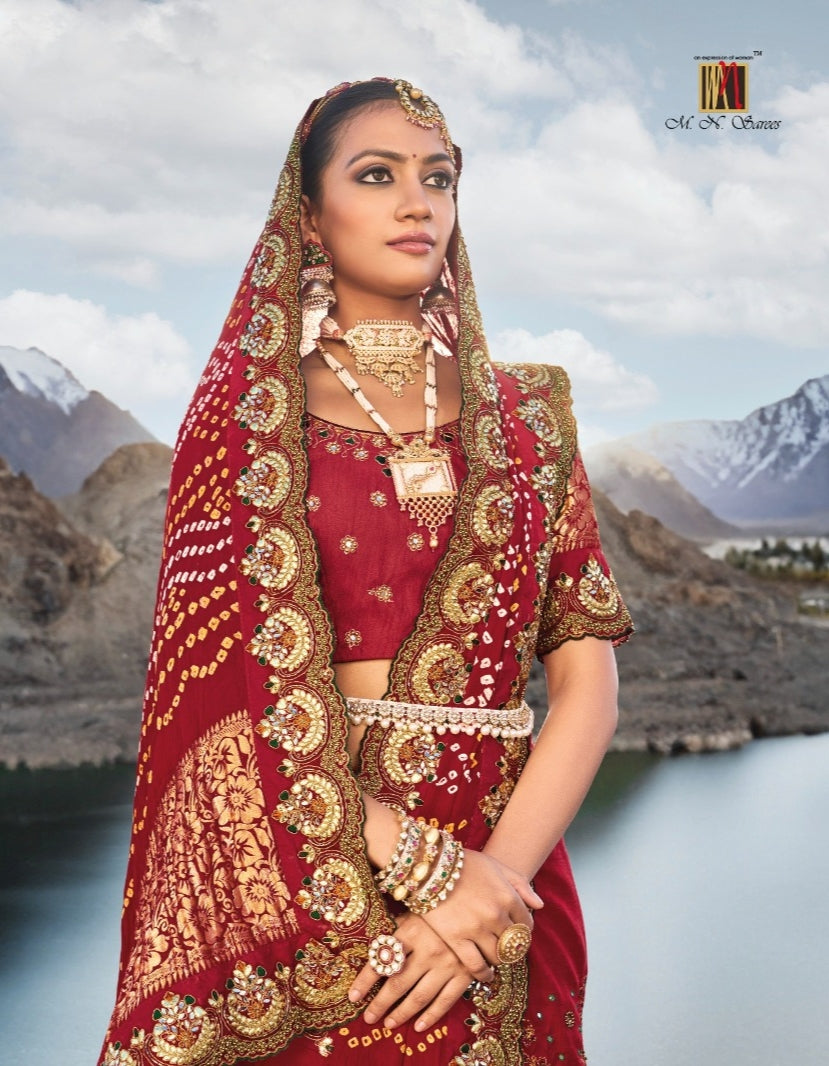 Boutique Designer Wedding Pure Kacchi Bandhej Satin Saree design 7301