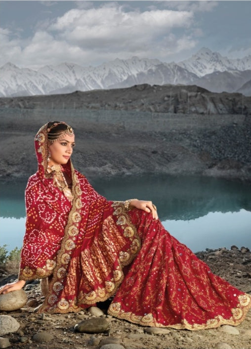 Boutique Designer Wedding Pure Kacchi Bandhej Satin Saree design 7301