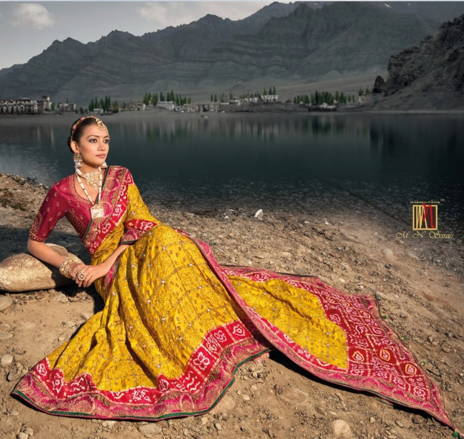 Boutique Designer Wedding Pure Kacchi Bandhej Satin Saree design 7304